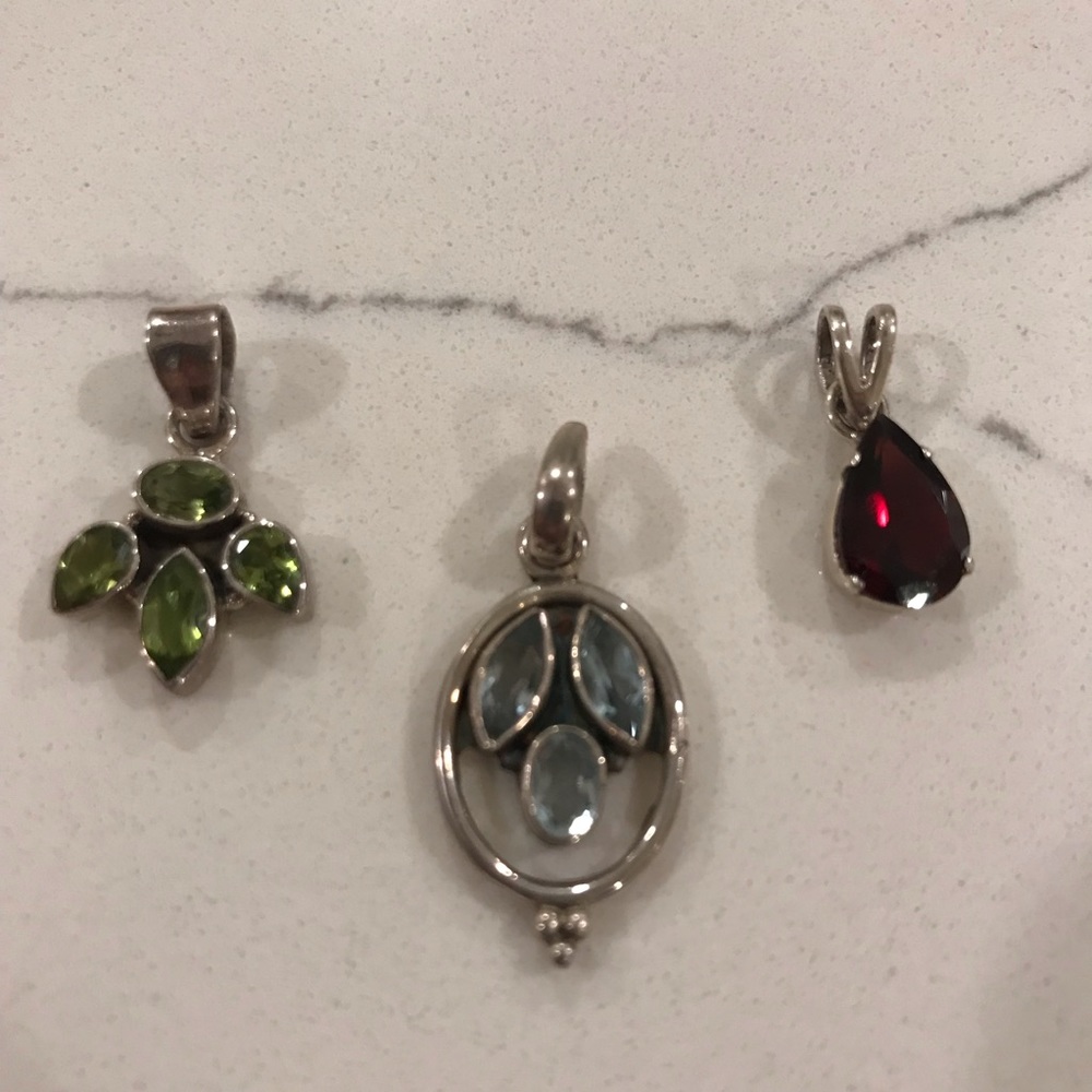 Bundle of 3 sterling silver pendants with peridot, garnet, blue topaz gemstones